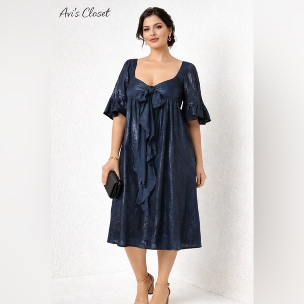 Laundry by Design Navy Shimmer Dress Bow Front Petite 12 NWT
